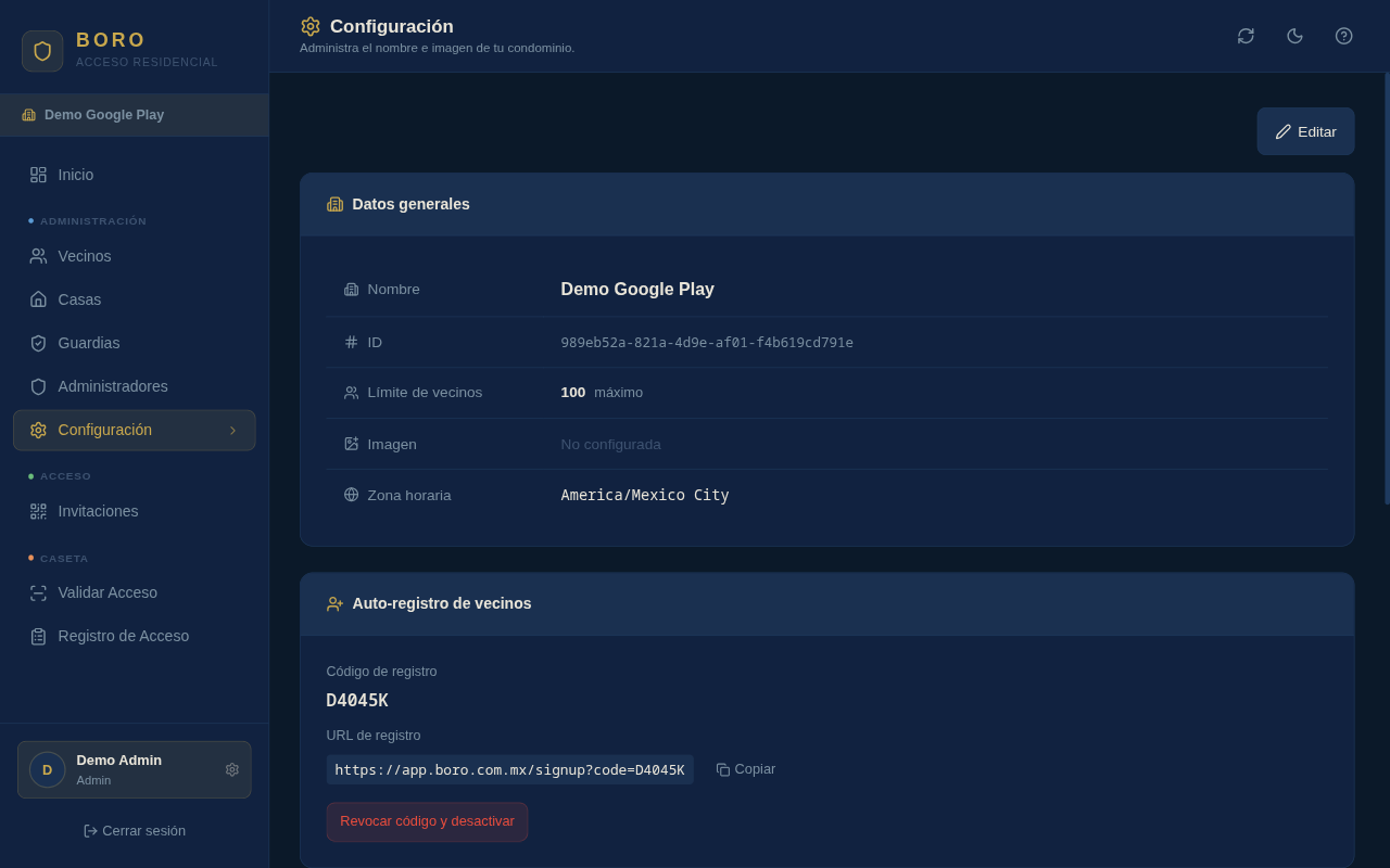 Panel Configuraci&oacute;n con datos generales del condominio y auto-registro