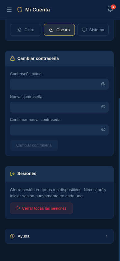 Secci&oacute;n Cambiar contrase&ntilde;a con campos para contrase&ntilde;a actual y nueva