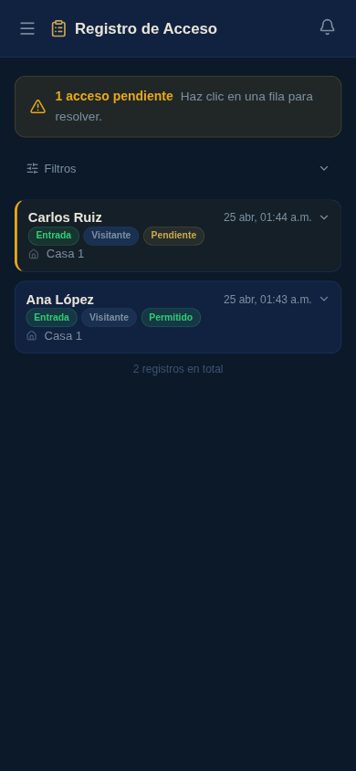 Registro de acceso con entradas recientes y filtros