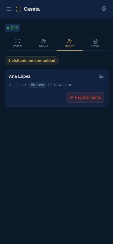 Pesta&ntilde;a Dentro mostrando visitantes actuales con bot&oacute;n Registrar salida
