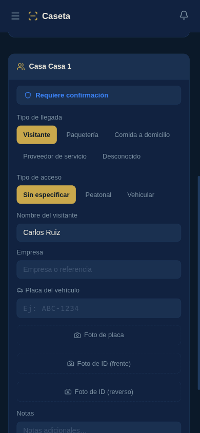 Formulario Nuevo visitante con selecci&oacute;n de casa y tipo de llegada