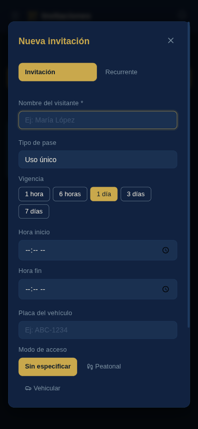 Pantalla Nueva invitaci&oacute;n con campos nombre, tipo de pase y vigencia