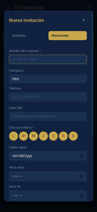 Formulario de invitaci&oacute;n recurrente con d&iacute;as permitidos y horarios