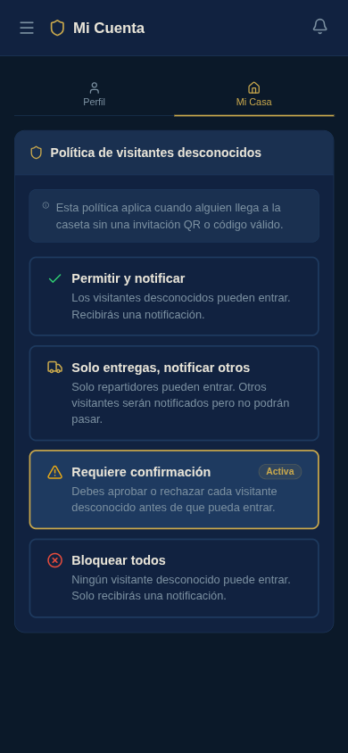 Pantalla Mi Casa con las cuatro pol&iacute;ticas de visitantes desconocidos