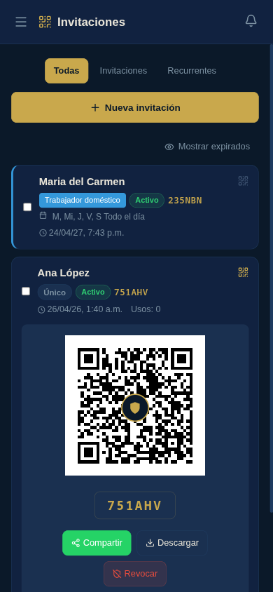 Invitación QR recién creada para un visitante