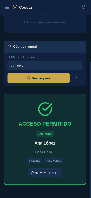 Consola de caseta validando un acceso